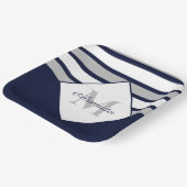 Monogram Nautical Modern Navy Blue Grey Stripes Papieren Bordje (Gebogen)