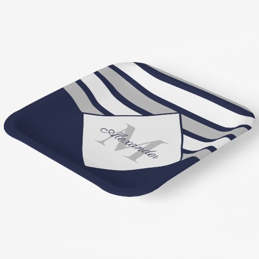 Monogram Nautical Modern Navy Blue Grey Stripes Papieren Bordje (Gebogen)