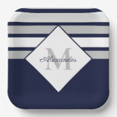 Monogram Nautical Modern Navy Blue Grey Stripes Papieren Bordje (Voorkant)
