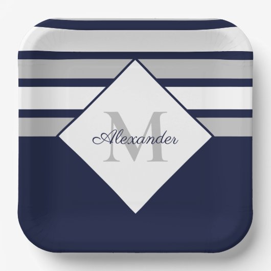 Monogram Nautical Modern Navy Blue Grey Stripes Papieren Bordje (Voorkant)