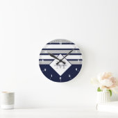 Monogram Nautical Modern Navy Blue Grey Stripes Ronde Klok (Huis)