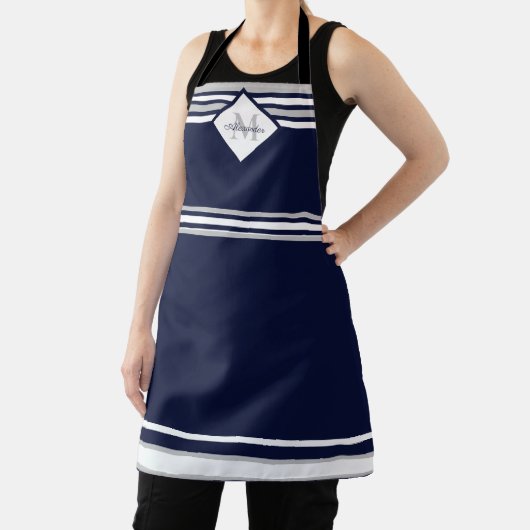 Monogram Nautical Modern Navy Blue Grey Stripes Schort (Insitu)