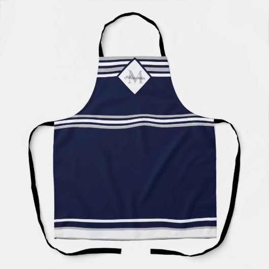 Monogram Nautical Modern Navy Blue Grey Stripes Schort (Voorkant)