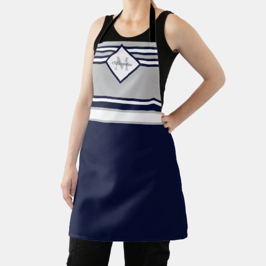 Monogram Nautical Modern Navy Blue Grey Stripes Schort (Insitu)