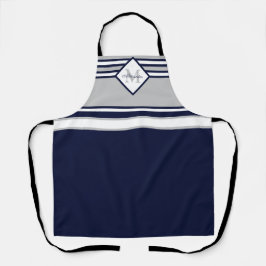 Monogram Nautical Modern Navy Blue Grey Stripes Schort