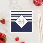 Monogram Nautical Modern Navy Blue Grey Stripes Servet (Insitu)