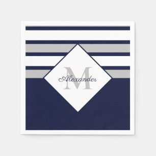 Monogram Nautical Modern Navy Blue Grey Stripes Servet
