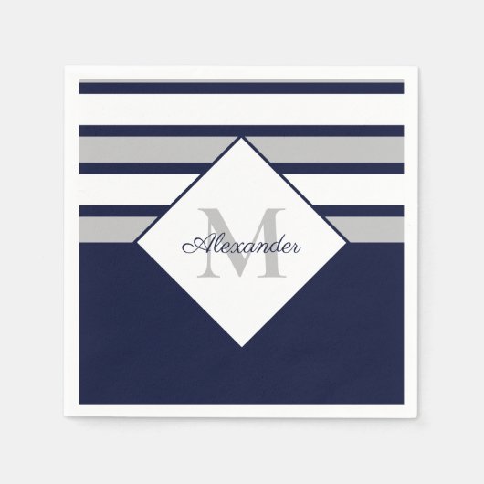 Monogram Nautical Modern Navy Blue Grey Stripes Servet (Voorkant)