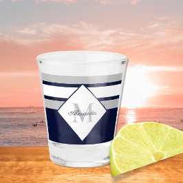 Monogram Nautical Modern Navy Blue Grey Stripes Shot Glas