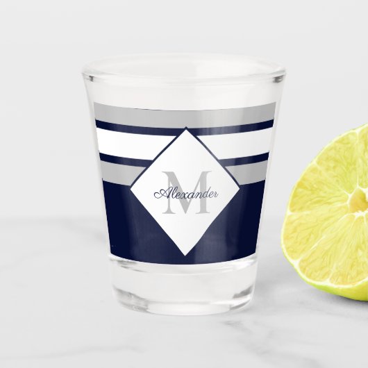 Monogram Nautical Modern Navy Blue Grey Stripes Shot Glas (Voorkant)