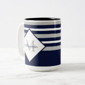 Monogram Nautical Modern Navy Blue Grey Stripes Tweekleurige Koffiemok (Voorkant links)