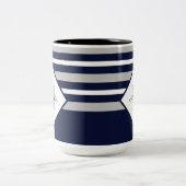 Monogram Nautical Modern Navy Blue Grey Stripes Tweekleurige Koffiemok (Center)