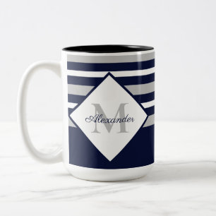 Monogram Nautical Modern Navy Blue Grey Stripes Tweekleurige Koffiemok