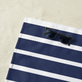 Monogram Nautical Modern Navy Blue White Stripes Strandlaken (In situ)
