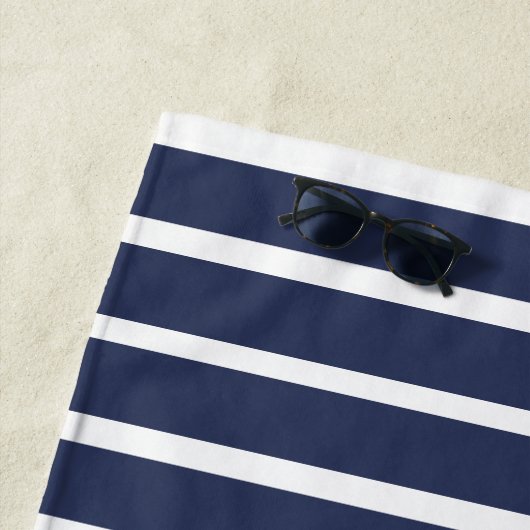 Monogram Nautical Modern Navy Blue White Stripes Strandlaken (In situ)