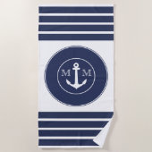 Monogram Nautical Modern Navy Blue White Stripes Strandlaken (Voorkant)