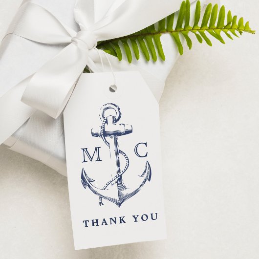 Monogram Nautical Navy Blue Anchor Dank je Cadeaulabel
