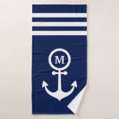 Monogram Nautical Navy Blue Anchor Stripes Custom Badhanddoek (Badhanddoek)