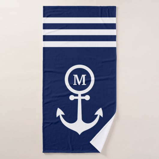 Monogram Nautical Navy Blue Anchor Stripes Custom  Badhanddoek (Badhanddoek)