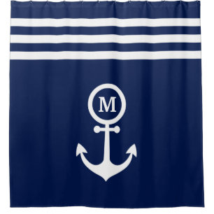 Monogram Nautical Navy Blue Anchor Stripes Custom Douchegordijn