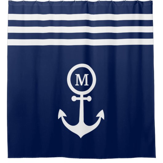 Monogram Nautical Navy Blue Anchor Stripes Custom Douchegordijn (Voorkant)