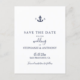 Monogram Nautical Navy Blue Anchor Wedding Aankondigingskaart