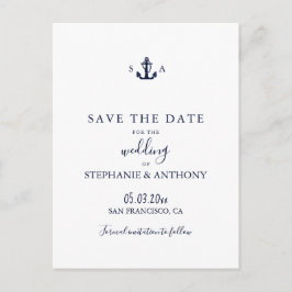 Monogram Nautical Navy Blue Anchor Wedding Aankondigingskaart