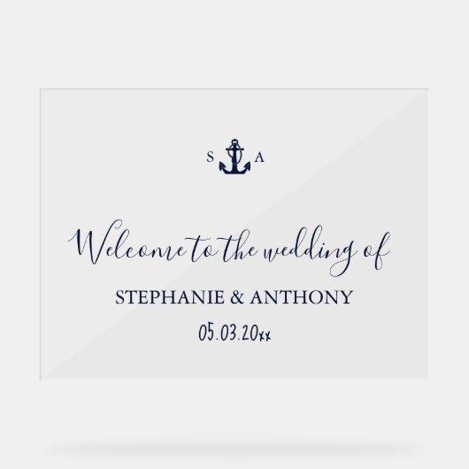 Monogram Nautical Navy Blue Anchor Wedding     Acryl Bord (Voorkant)
