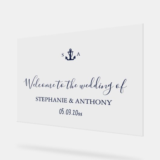 Monogram Nautical Navy Blue Anchor Wedding Acryl Bord (Hoek)