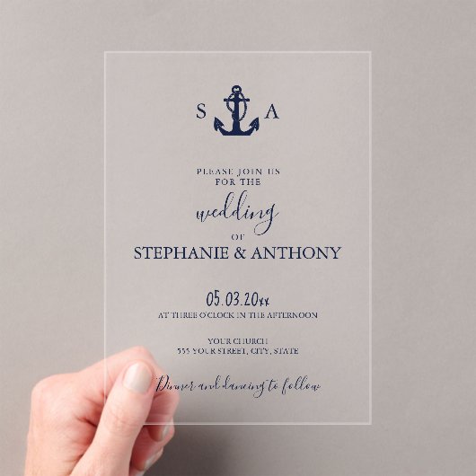 Monogram Nautical Navy Blue Anchor Wedding Acryl Uitnodigingen (Insitu (Draagbaar))
