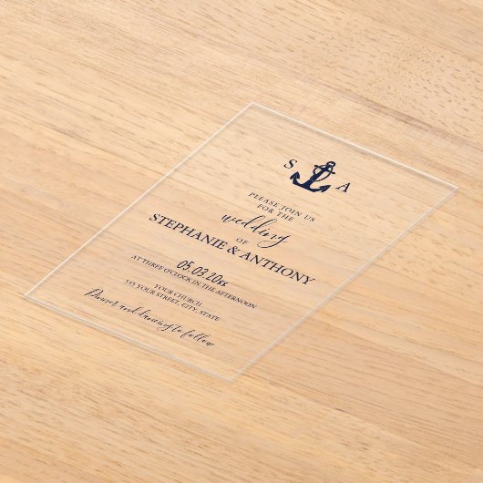 Monogram Nautical Navy Blue Anchor Wedding Acryl Uitnodigingen (Laagn)