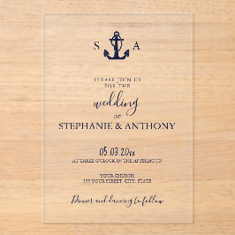 Monogram Nautical Navy Blue Anchor Wedding Acryl Uitnodigingen