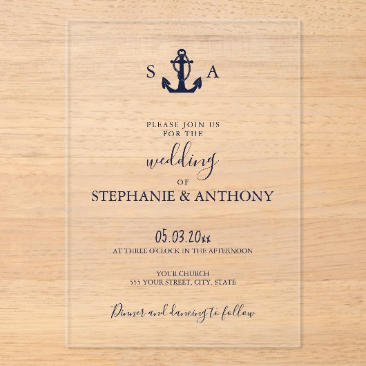 Monogram Nautical Navy Blue Anchor Wedding Acryl Uitnodigingen (Voorkant)