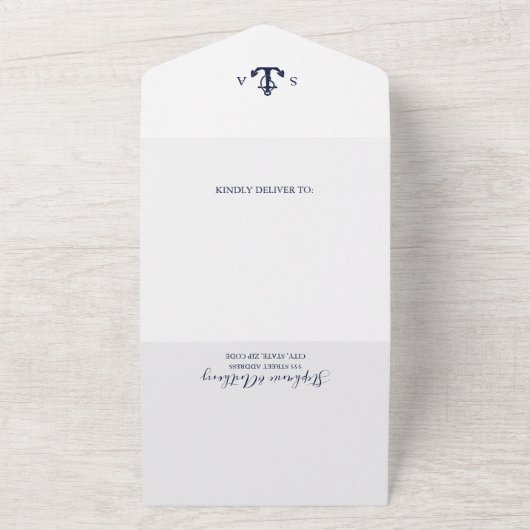 Monogram Nautical Navy Blue Anchor Wedding All In One Uitnodiging (Buitenkant)