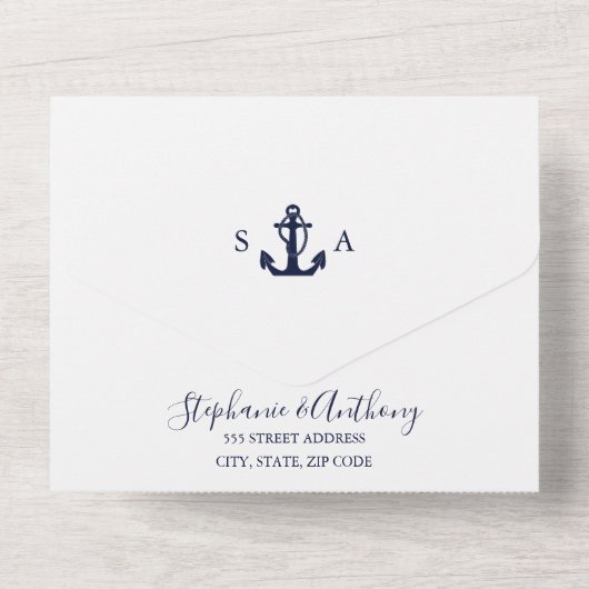 Monogram Nautical Navy Blue Anchor Wedding All In One Uitnodiging (Achterkant)