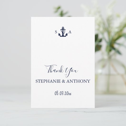 Monogram Nautical Navy Blue Anchor Wedding Bedankkaart (Staand voorkant)