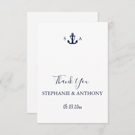 Monogram Nautical Navy Blue Anchor Wedding Bedankkaart (Voorkant / Achterkant)