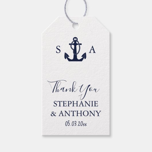 Monogram Nautical Navy Blue Anchor Wedding Cadeaulabel (Voorkant)