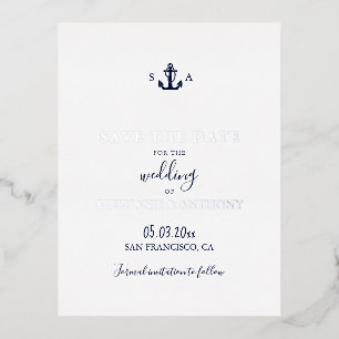 Monogram Nautical Navy Blue Anchor Wedding Folie Feestdagen Briefkaart