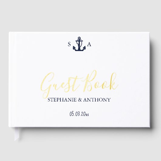Monogram Nautical Navy Blue Anchor Wedding Gastenboek (Voorkant)