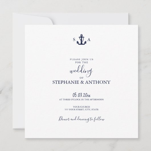 Monogram Nautical Navy Blue Anchor Wedding Kaart (Voorkant)