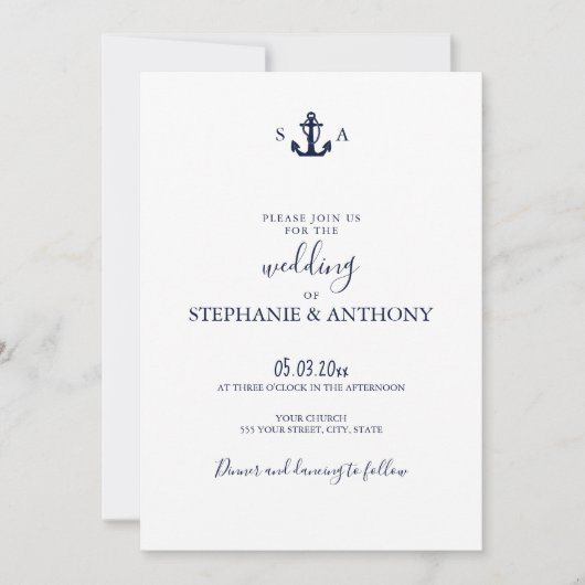 Monogram Nautical Navy Blue Anchor Wedding Kaart (Voorkant)