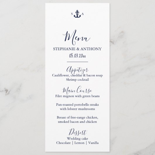 Monogram Nautical Navy Blue Anchor Wedding Menu (Voorkant)