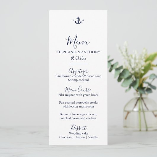 Monogram Nautical Navy Blue Anchor Wedding Menu (Staand voorkant)