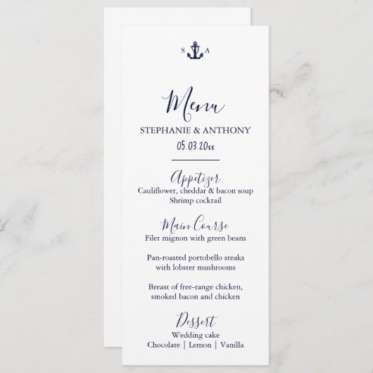 Monogram Nautical Navy Blue Anchor Wedding Menu (Voorkant / Achterkant)