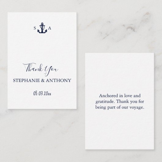 Monogram Nautical Navy Blue Anchor Wedding Notitiekaartje (Voorkant / Achterkant)