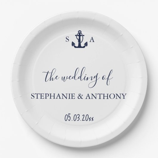 Monogram Nautical Navy Blue Anchor Wedding Papieren Bordje (Voorkant)