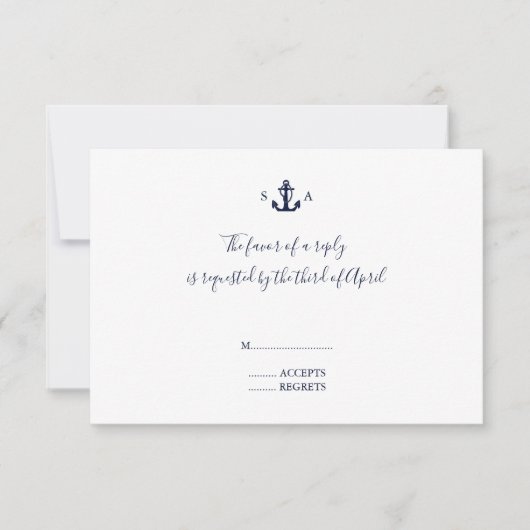 Monogram Nautical Navy Blue Anchor Wedding RSVP Kaartje (Voorkant)