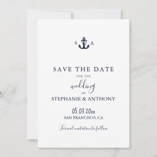 Monogram Nautical Navy Blue Anchor Wedding Save The Date (Voorkant)