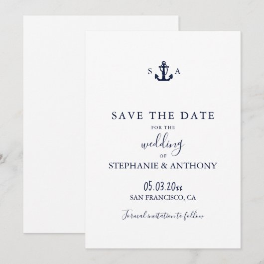 Monogram Nautical Navy Blue Anchor Wedding Save The Date (Voorkant / Achterkant)